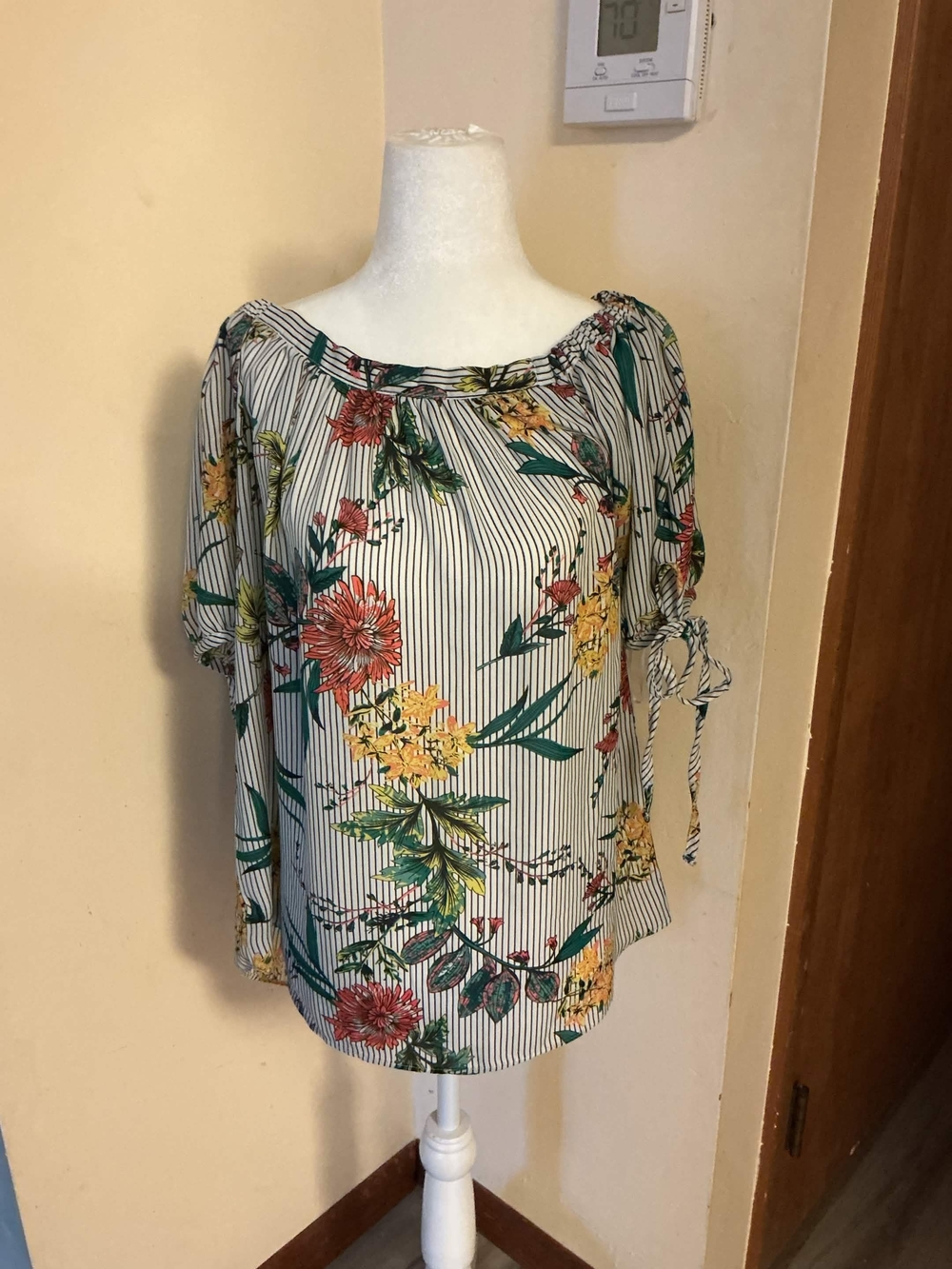 Harve Benard White Striped Off-Shoulder Blouse with Yellow & Green Floral Print